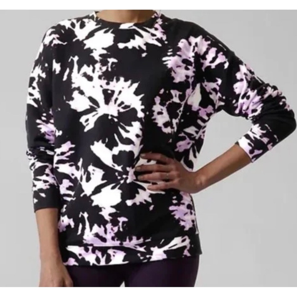 Athleta Coaster Luxe Printed V-Neck Sweatshirt Black Purple Tie Dye Small